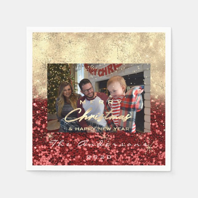 Servilleta De Papel Feliz Navidad Feliz Año Feliz Oro Foto Purpurina R (Anverso)