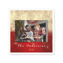 Feliz Navidad Feliz Año Oro Foto Blanco Rojo