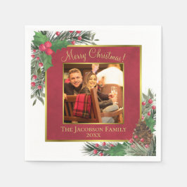 Servilleta De Papel Feliz Navidad Festividad Holly Berries & Pine Phot