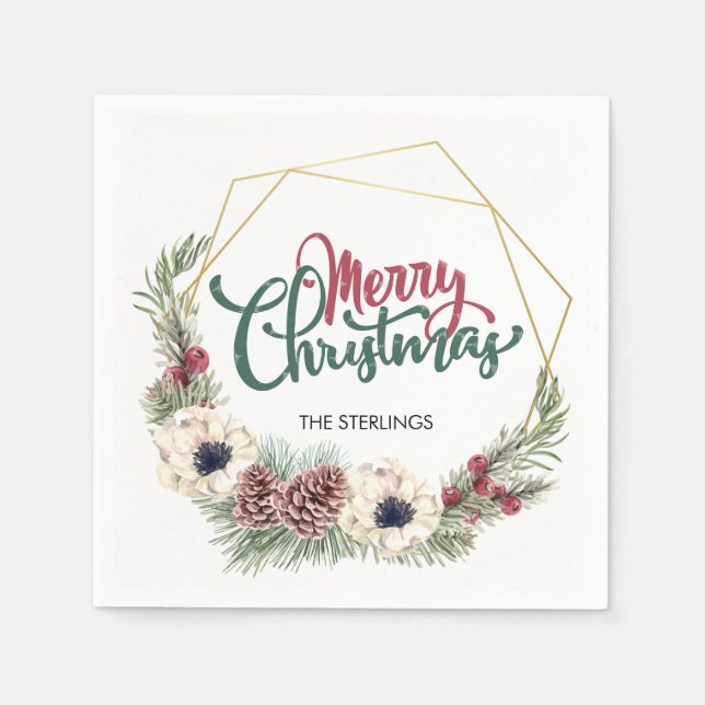 Servilleta De Papel Feliz Navidad Floral Pine Cone Holly Marco dorado (Anverso)