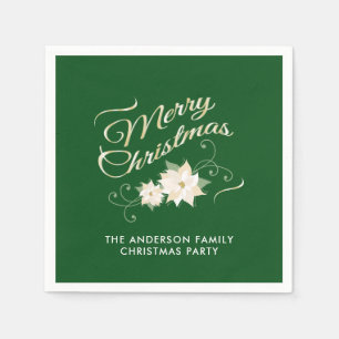 Servilleta De Papel Feliz Navidad & Flores de Nochebuena Blancas Verde