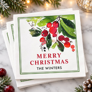 Servilleta De Papel Feliz Navidad Franja Verde de Bayas Acuarela Roja