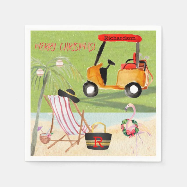 Servilleta De Papel Feliz Navidad Fun Golf Beach Flamingo (Anverso)
