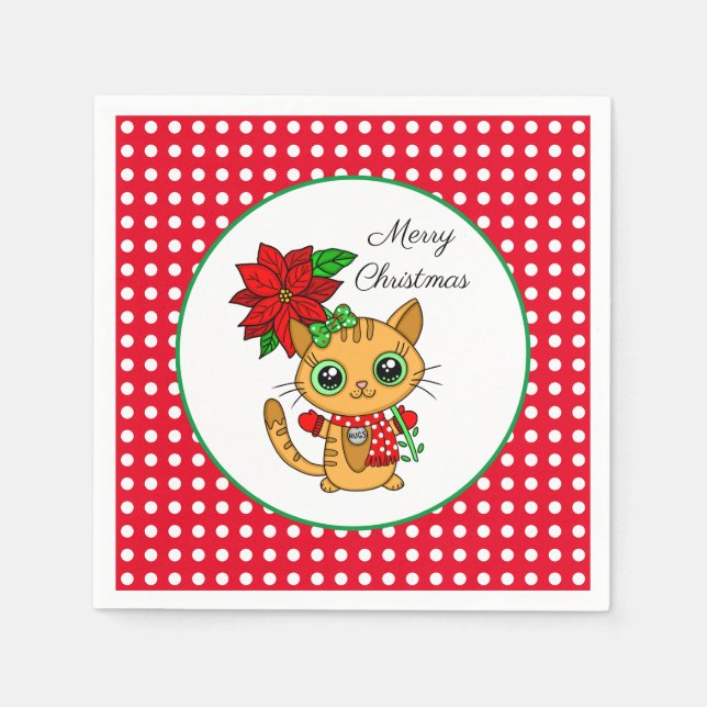 Servilleta De Papel Feliz Navidad | Gato Naranja con Poinsettia (Anverso)