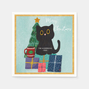 Servilleta De Papel Feliz Navidad Gato Negro Árbol de Navidad Dorado X