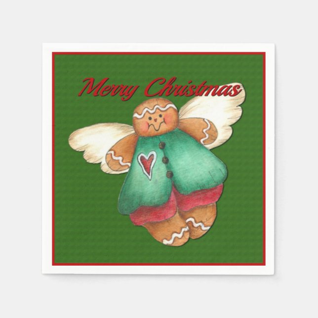 Servilleta De Papel Feliz Navidad Gingerbread Angel Green Napkins (Anverso)