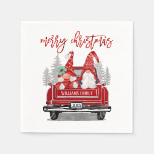 Servilleta De Papel Feliz Navidad Gnome Pareja Camión Rojo Vintage