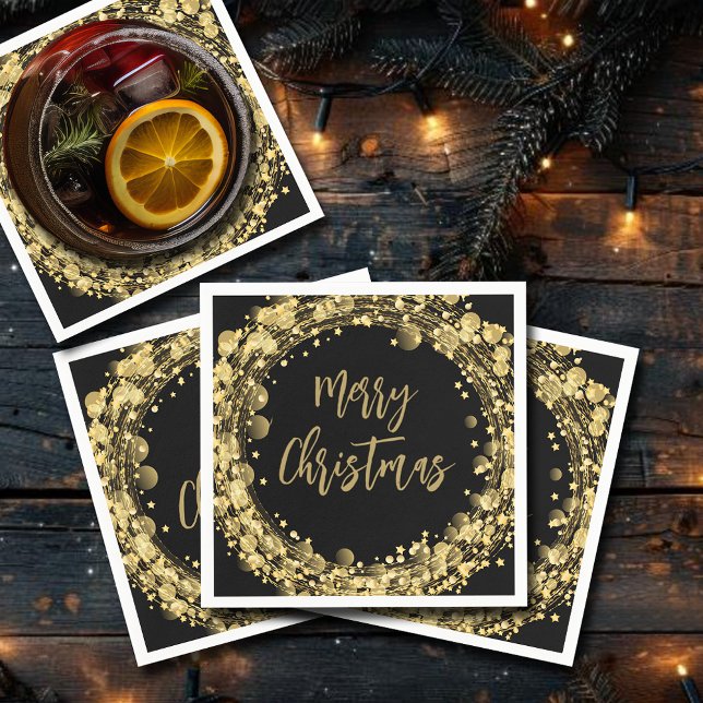 Servilleta De Papel Feliz Navidad Gold Stars (Merry Christmas Gold Stars on Black Napkins)