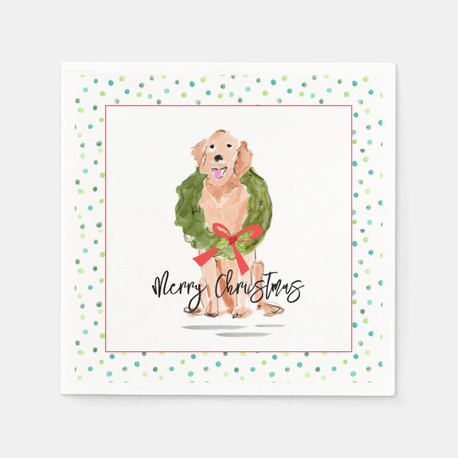 Servilleta De Papel Feliz Navidad Golden Retriever Dog Wreath Holly (Anverso)