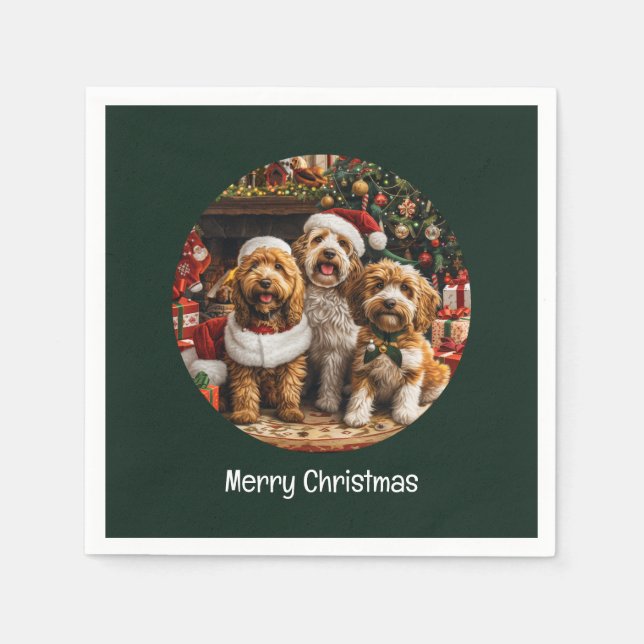 Servilleta De Papel Feliz Navidad Goldendoodle Perros Cachorros (Anverso)