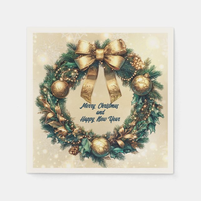 Servilleta De Papel Feliz Navidad Green Gold Wreath (Anverso)