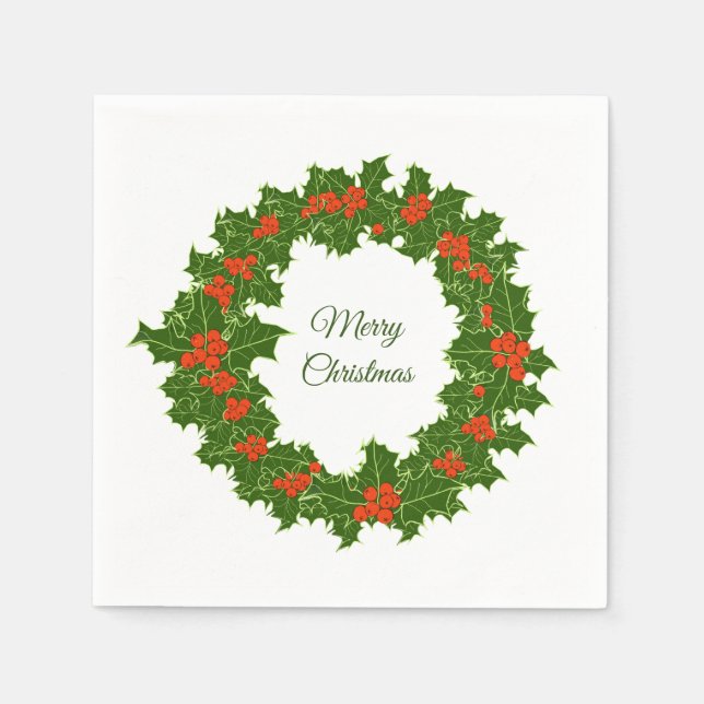 Servilleta De Papel Feliz Navidad Holly Wreath (Anverso)