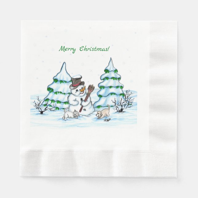 Servilleta De Papel ¡Feliz Navidad! Hombre de nieve con gato y cachorr (Anverso)