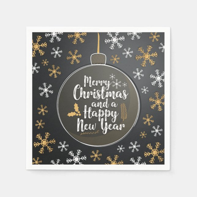 Servilleta De Papel Feliz Navidad Oro Copos de nieve blancos (Anverso)