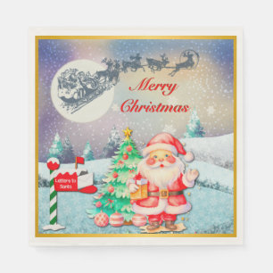 Servilleta De Papel Feliz Navidad Papá Noel, Trineo, Reno, Copo de Nie