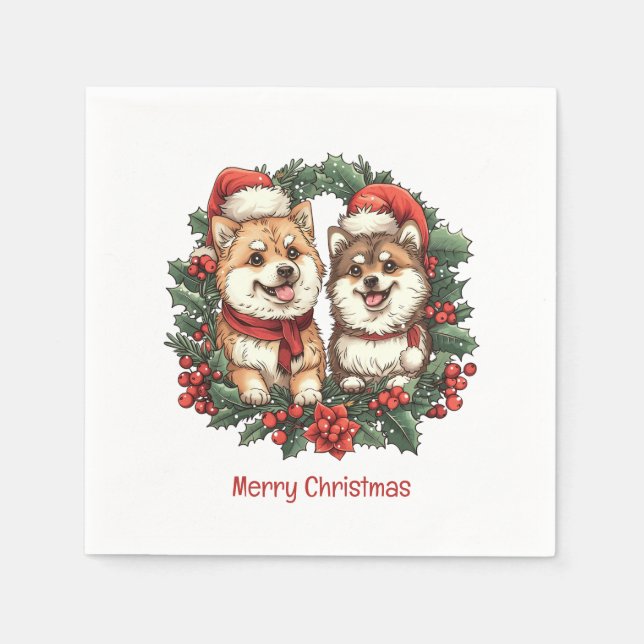 Servilleta De Papel Feliz Navidad Perros Pomeranos Mistletoe Wreath (Anverso)