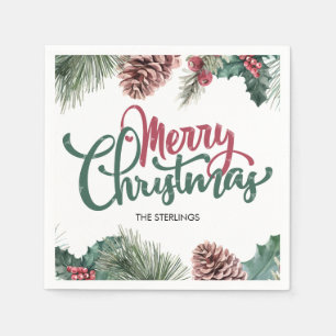 Servilleta De Papel Feliz Navidad Pine Pine Cono Red Holly borde