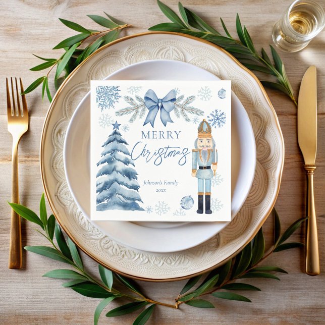 Servilleta De Papel Feliz Navidad plata azul arco iris Nucracker (Merry Christmas silver blue bow Nutcracker personalized Napkins customized Christmas table decor)