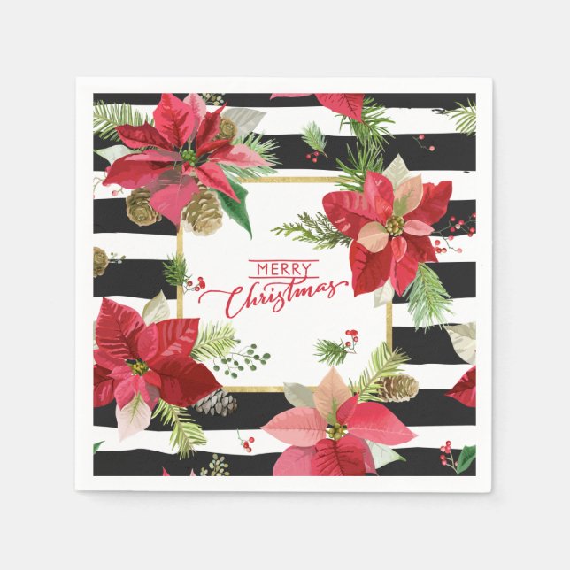 Servilleta De Papel Feliz Navidad Poinsettias, servilletas de raya neg (Anverso)