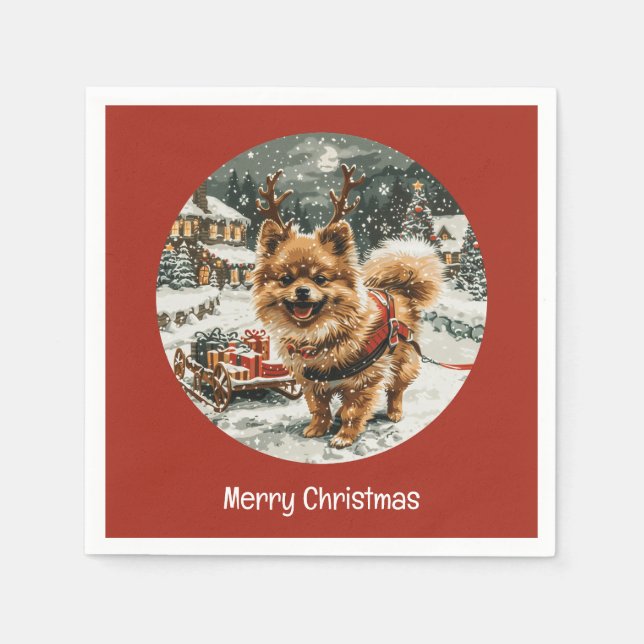Servilleta De Papel Feliz Navidad Pomerania Reno Perro (Anverso)