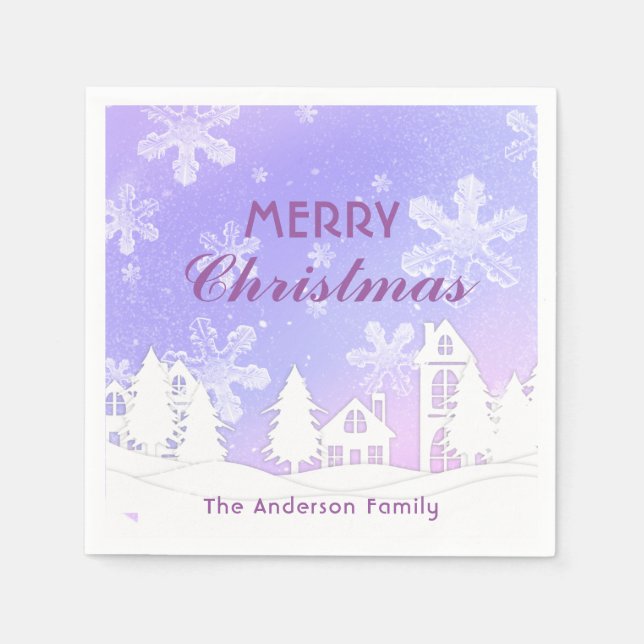 Servilleta De Papel Feliz Navidad Purple White House Copos de nieve (Anverso)