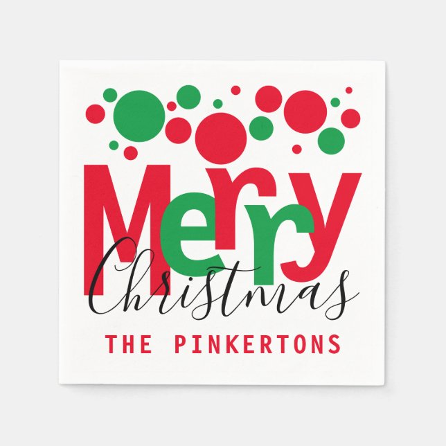 Servilleta De Papel Feliz Navidad Red Green Dots Typography Monograma (Anverso)