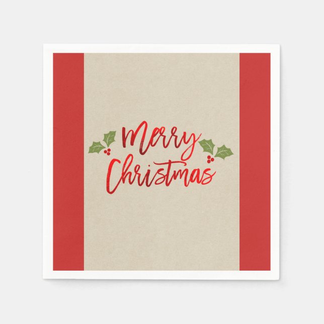 Servilleta De Papel Feliz Navidad Rojo Falso Foil Moderno Script Kraft (Anverso)