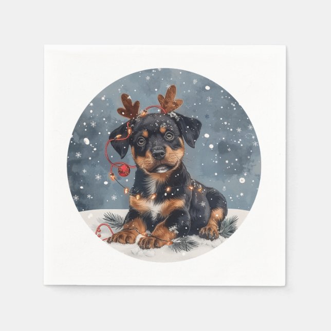 Servilleta De Papel Feliz Navidad Rottweiler Perro Reno (Anverso)