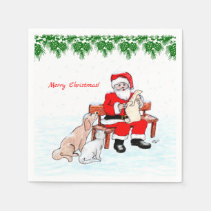 Servilleta De Papel Feliz Navidad - Santa Claus con gato y perro
