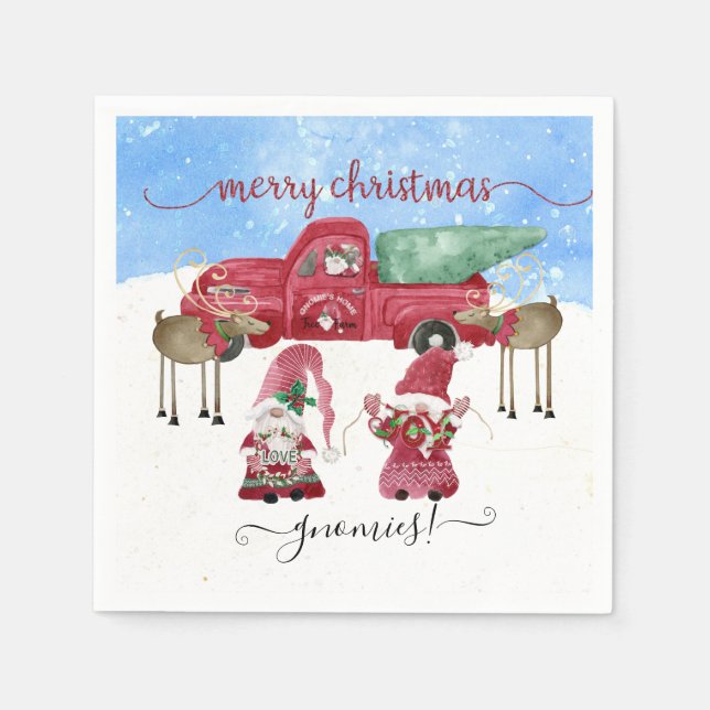 Servilleta De Papel Feliz Navidad Snoweather Gnome Red Truck Tree Farm (Anverso)
