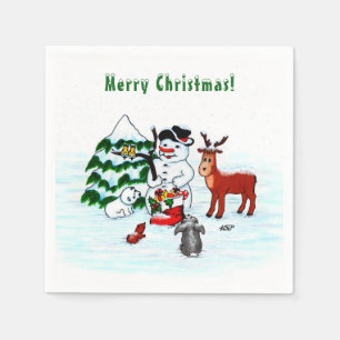 Servilleta De Papel ¡Feliz Navidad! Snowman con sus amigos