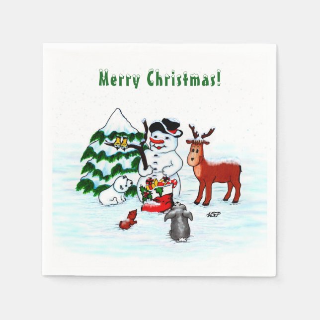Servilleta De Papel ¡Feliz Navidad! Snowman con sus amigos (Anverso)