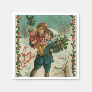 Servilleta De Papel Feliz Navidad - tarjeta postal retro, niños, acebo