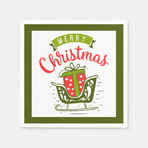 Servilleta De Papel Feliz Navidad Trineo Regalo Rojo Verde Festivo