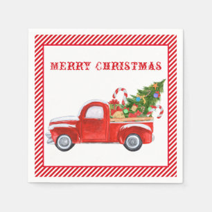Servilleta De Papel Feliz Navidad Vintage Red Truck Stripes Festividad