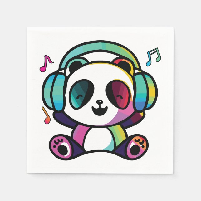 Servilleta De Papel Feliz Panda con auriculares escuchando música. (Anverso)