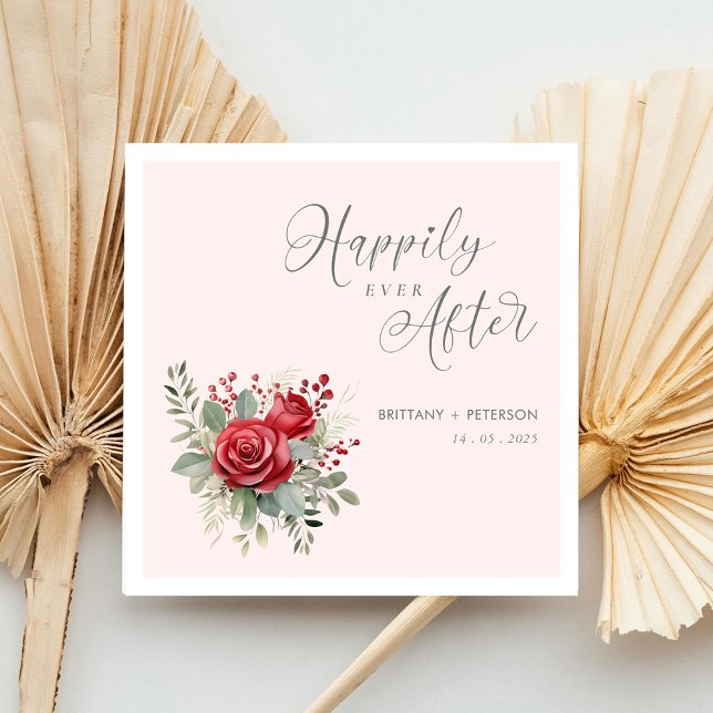 Servilleta De Papel Feliz para siempre después de las toallas de Boda  (Happily Ever After Blush Wedding Napkins with Rose Personalized)