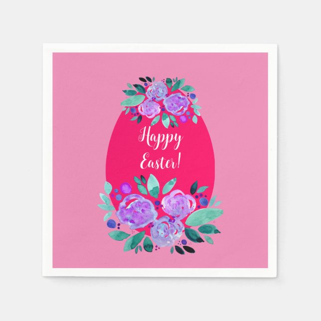 Servilleta De Papel Feliz Pascua acuarela huevo rosa floral (Anverso)