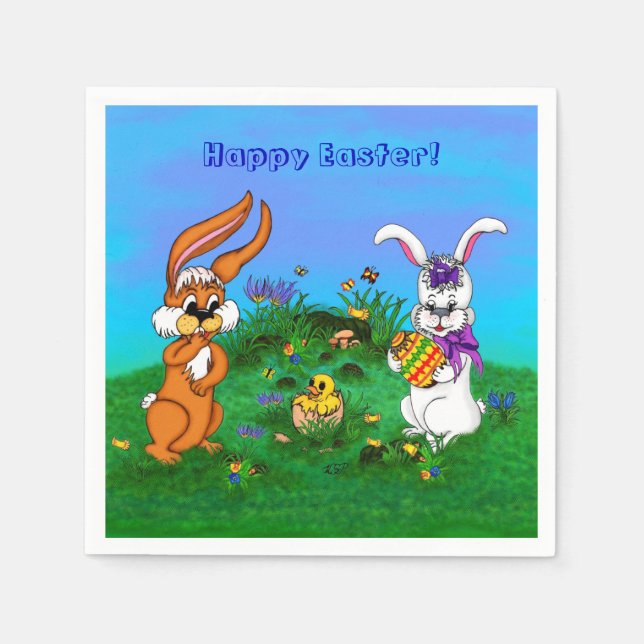 Servilleta De Papel ¡Feliz Pascua! Conejo con conejo y pollo (Anverso)