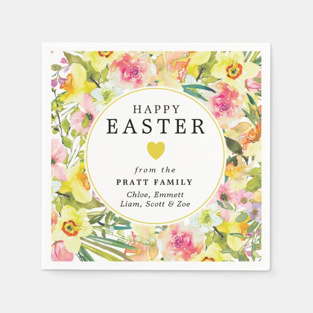 Servilleta De Papel Feliz Pascua, corazón de Daffodil Amarillo (Anverso)