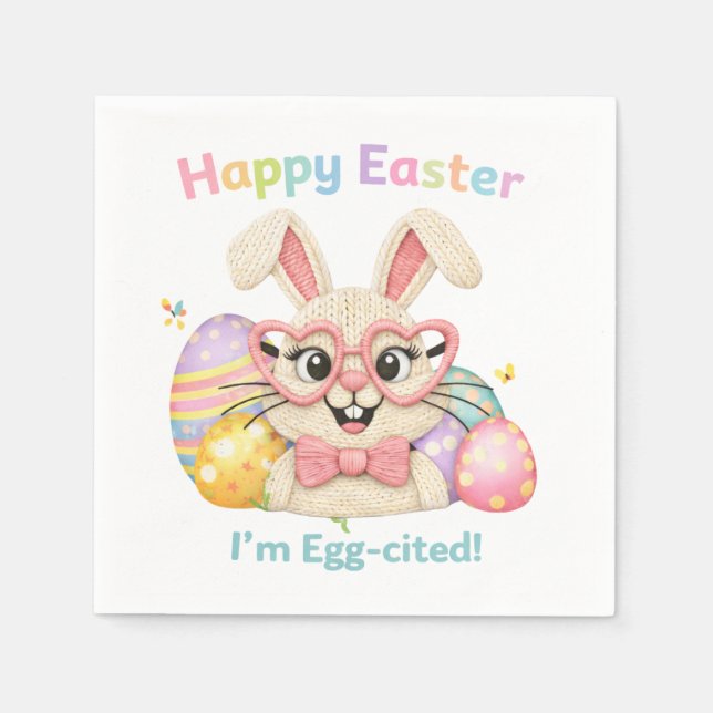 Servilleta De Papel Feliz Pascua Estoy Emocionado Conejo  (Anverso)