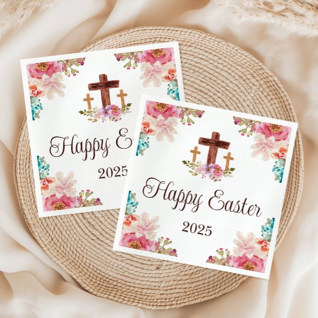 Servilleta De Papel Feliz Pascua Floral Acuarela Cruz Religiosa (Happy Easter Floral Watercolor Religious Cross Napkins)