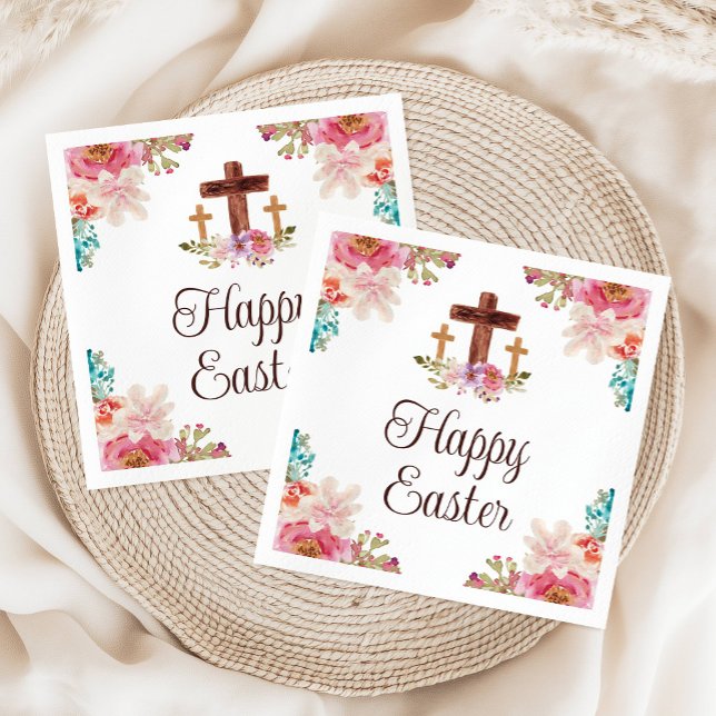 Servilleta De Papel Feliz Pascua Floral Acuarela Cruz Religiosa (Happy Easter Floral Watercolor Religious Cross Napkins)