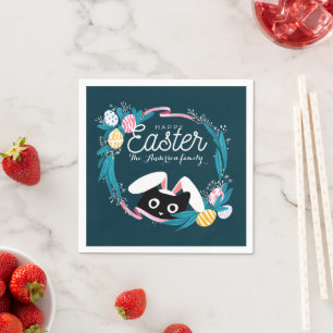 Servilleta De Papel Feliz Pascua, gato negro con orejas de conejito