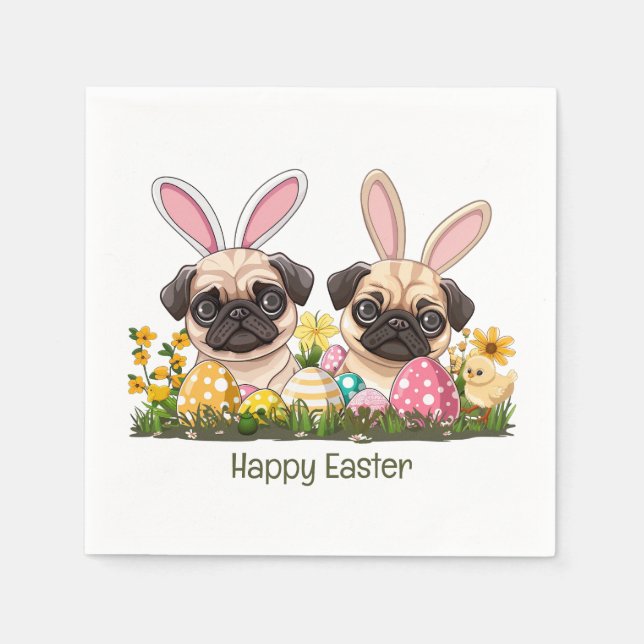 Servilleta De Papel Feliz Pascua, Perro de Pug, Orejas Conejitas (Anverso)