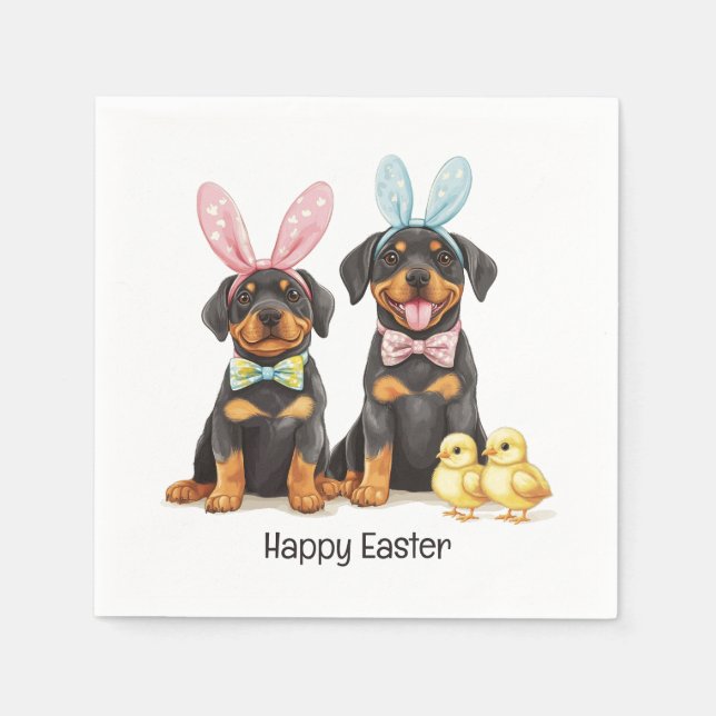 Servilleta De Papel Feliz Pascua Perros Rottweiler Ojos de Conejo (Anverso)