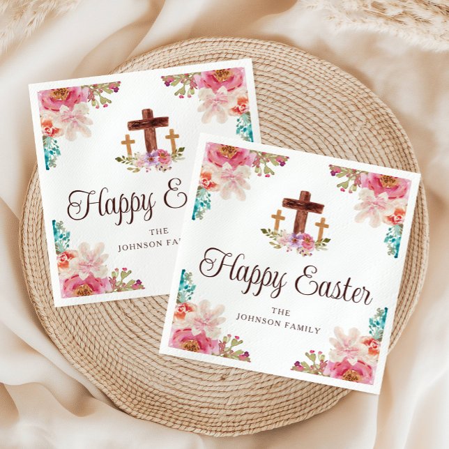 Servilleta De Papel Feliz Pascua Religiosa Cruz Floral acuarela (Happy Easter Religious Cross Floral Watercolor Napkins)