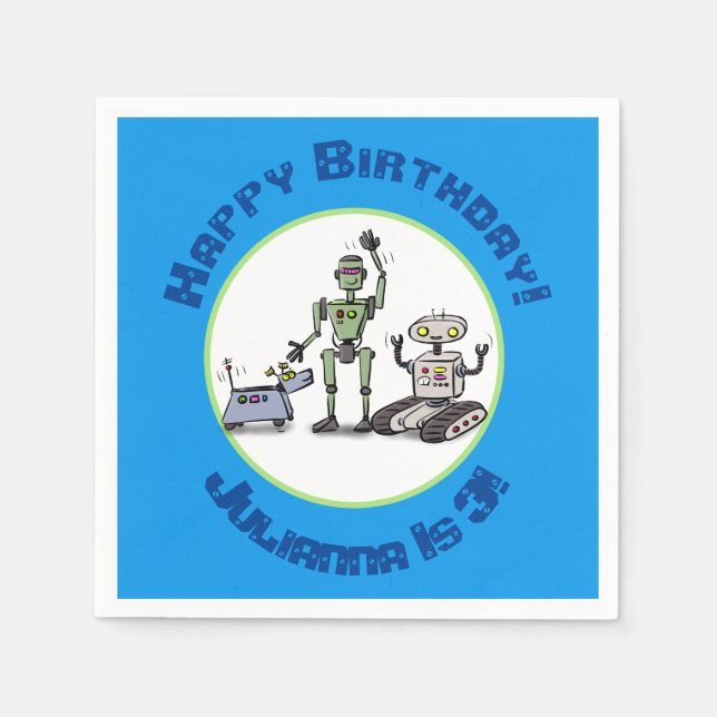 Servilleta De Papel Feliz personalizado de trío de robots lindos (Anverso)