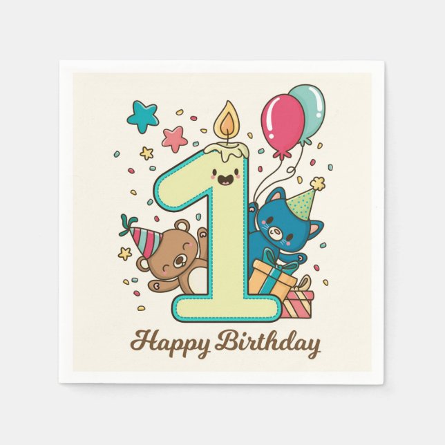 Servilleta De Papel Feliz primer cumpleaños (Anverso)