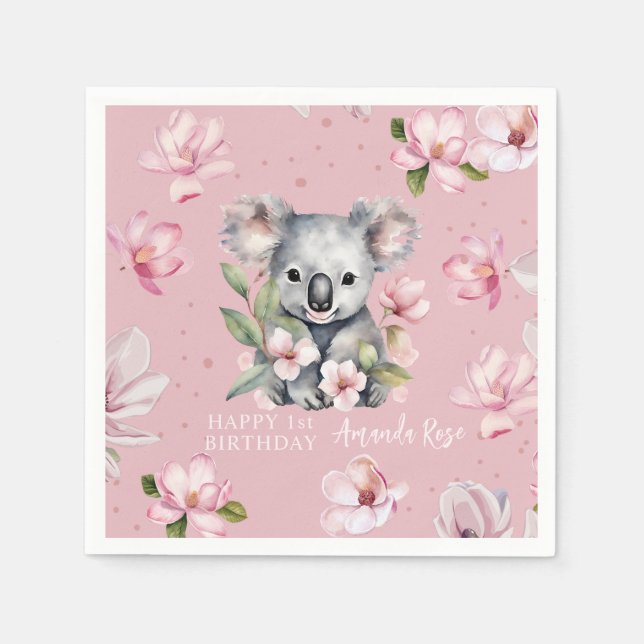 Servilleta De Papel Feliz primer cumpleaños a la acuarela Koala (Anverso)